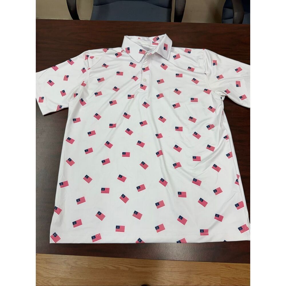 Bald Head Blue White American Flag with Golf Cart Mens White Albatross Polo- Med